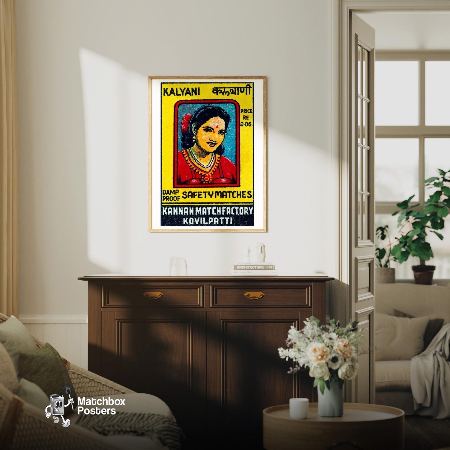 Indian Woman Portrait - vintage matchbox label print - living room mockup
