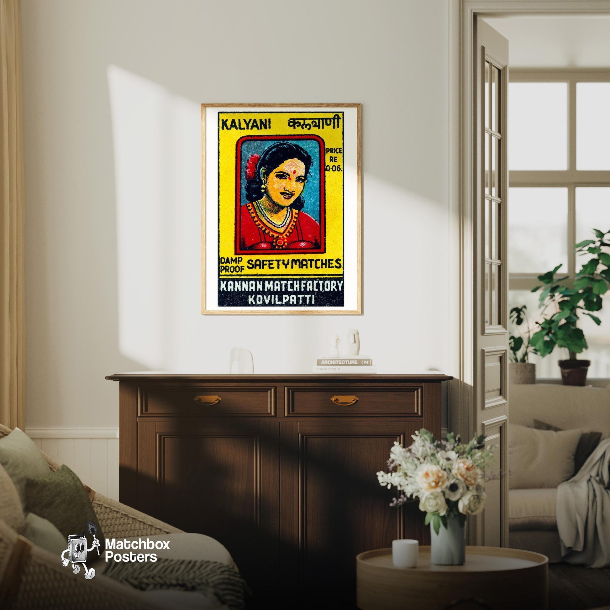 Indian Woman Portrait - vintage matchbox label print - living room mockup