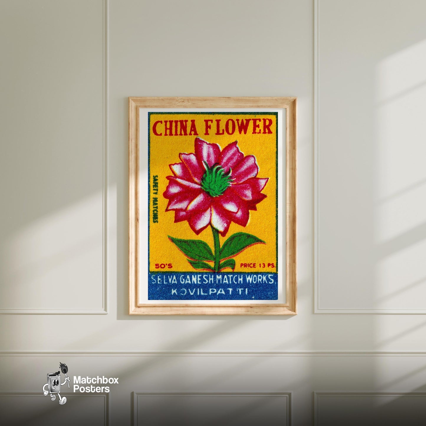 Red China Flower - vintage matchbox label print - bedroom mockup