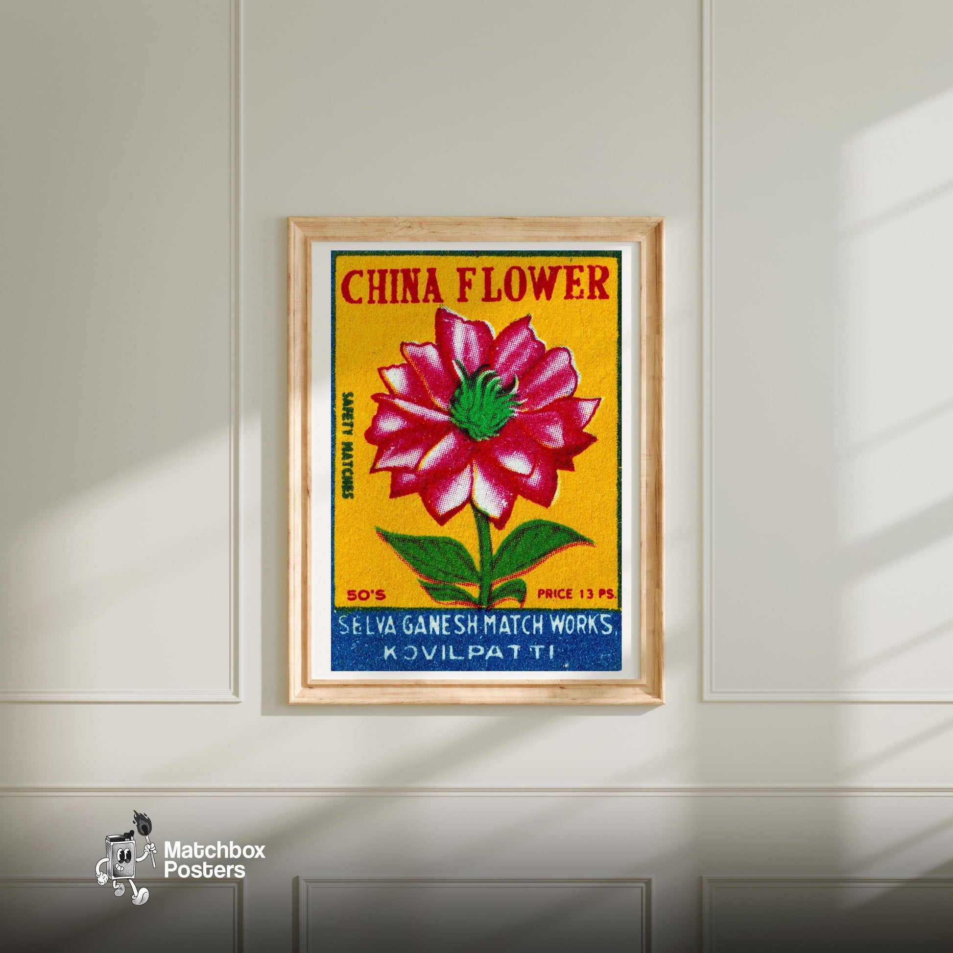 Red China Flower - vintage matchbox label print - bedroom mockup