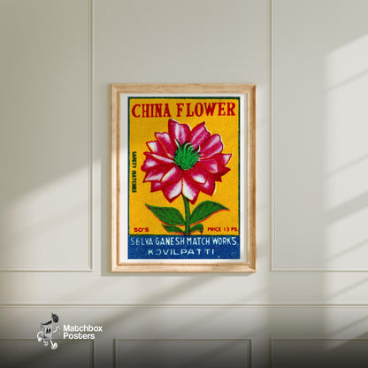 Red China Flower - vintage matchbox label print - bedroom mockup