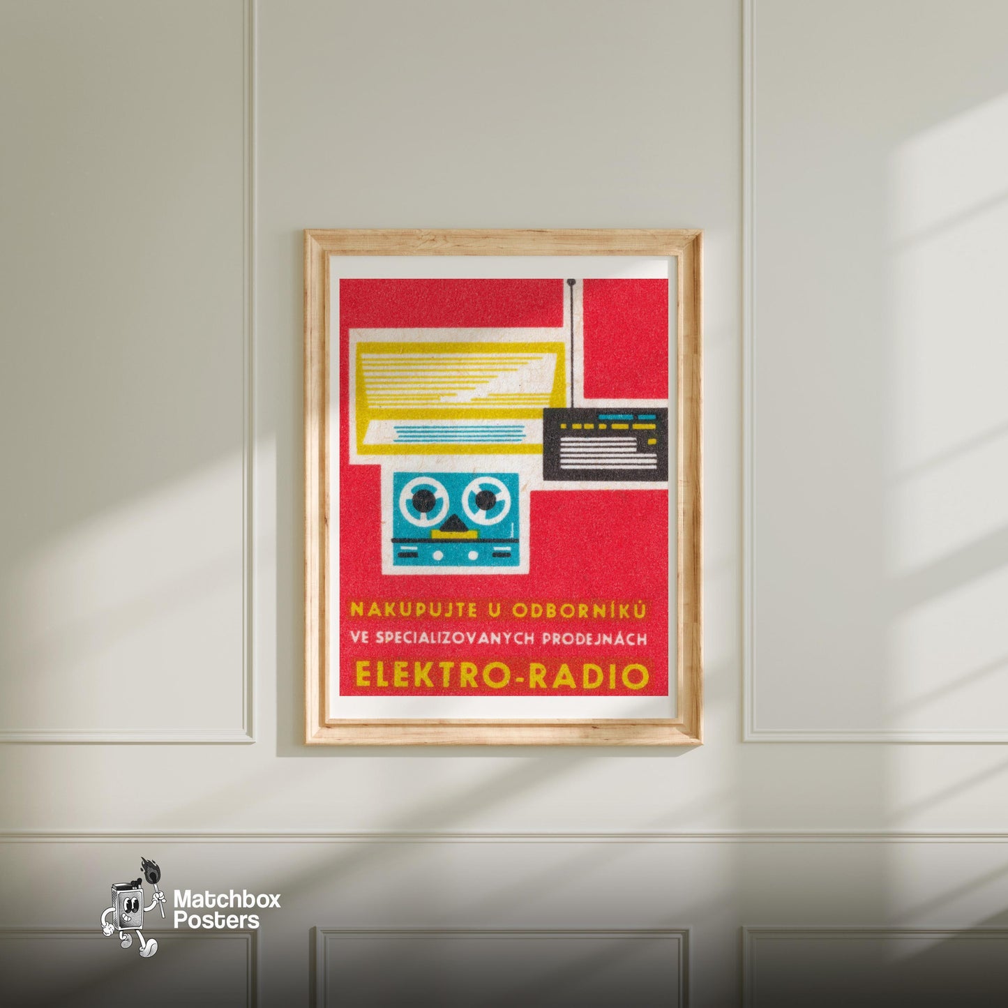 Stylized Illustration Of A Radio - vintage matchbox label print - bedroom mockup
