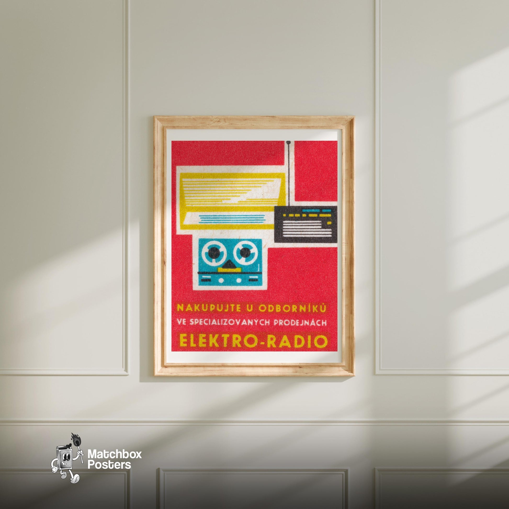 Stylized Illustration Of A Radio - vintage matchbox label print - bedroom mockup