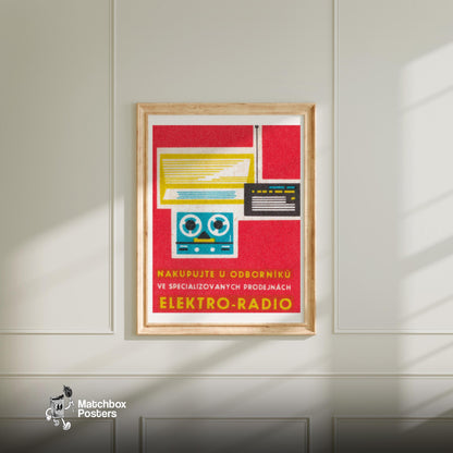 Stylized Illustration Of A Radio - vintage matchbox label print - bedroom mockup