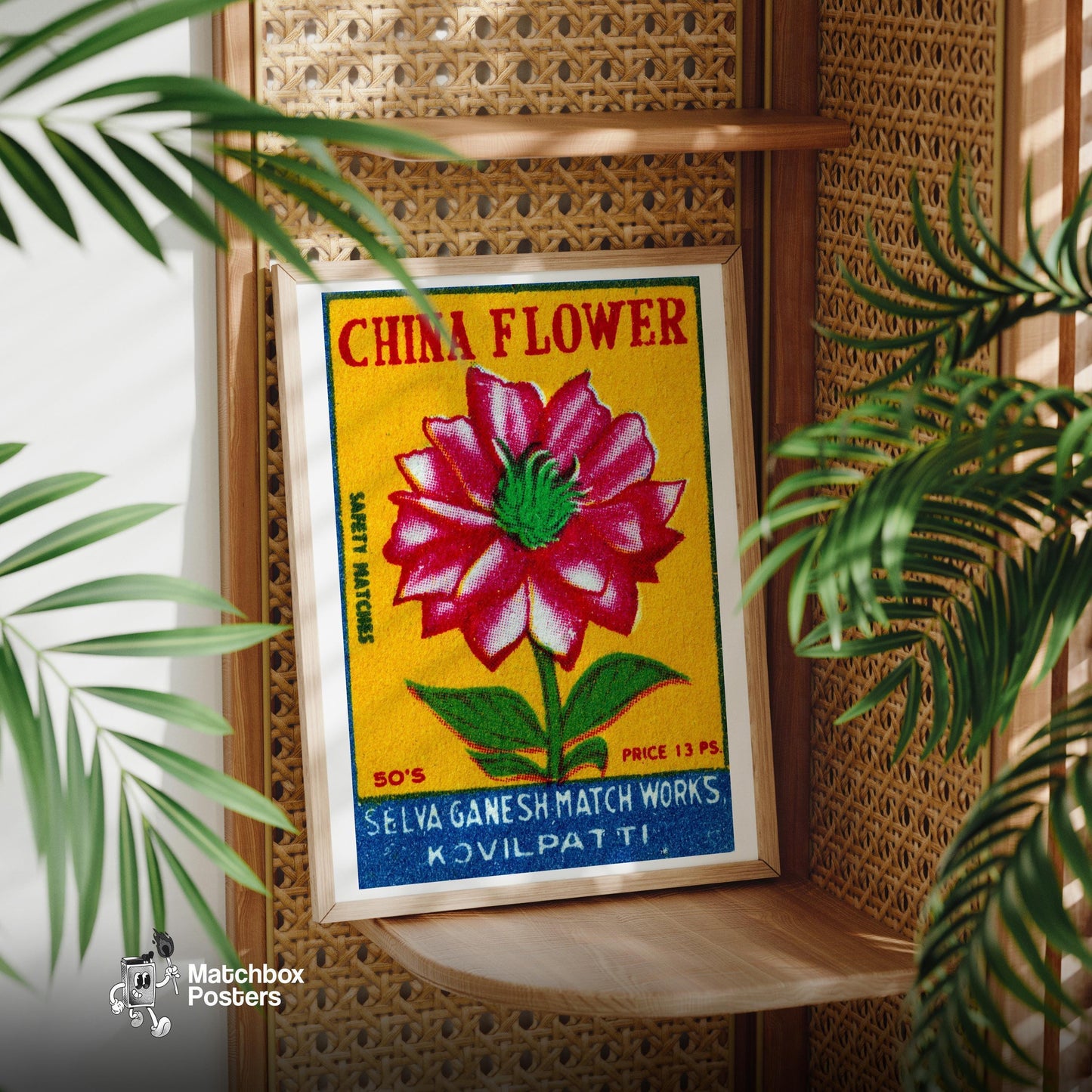 Red China Flower - vintage matchbox label print - office wall