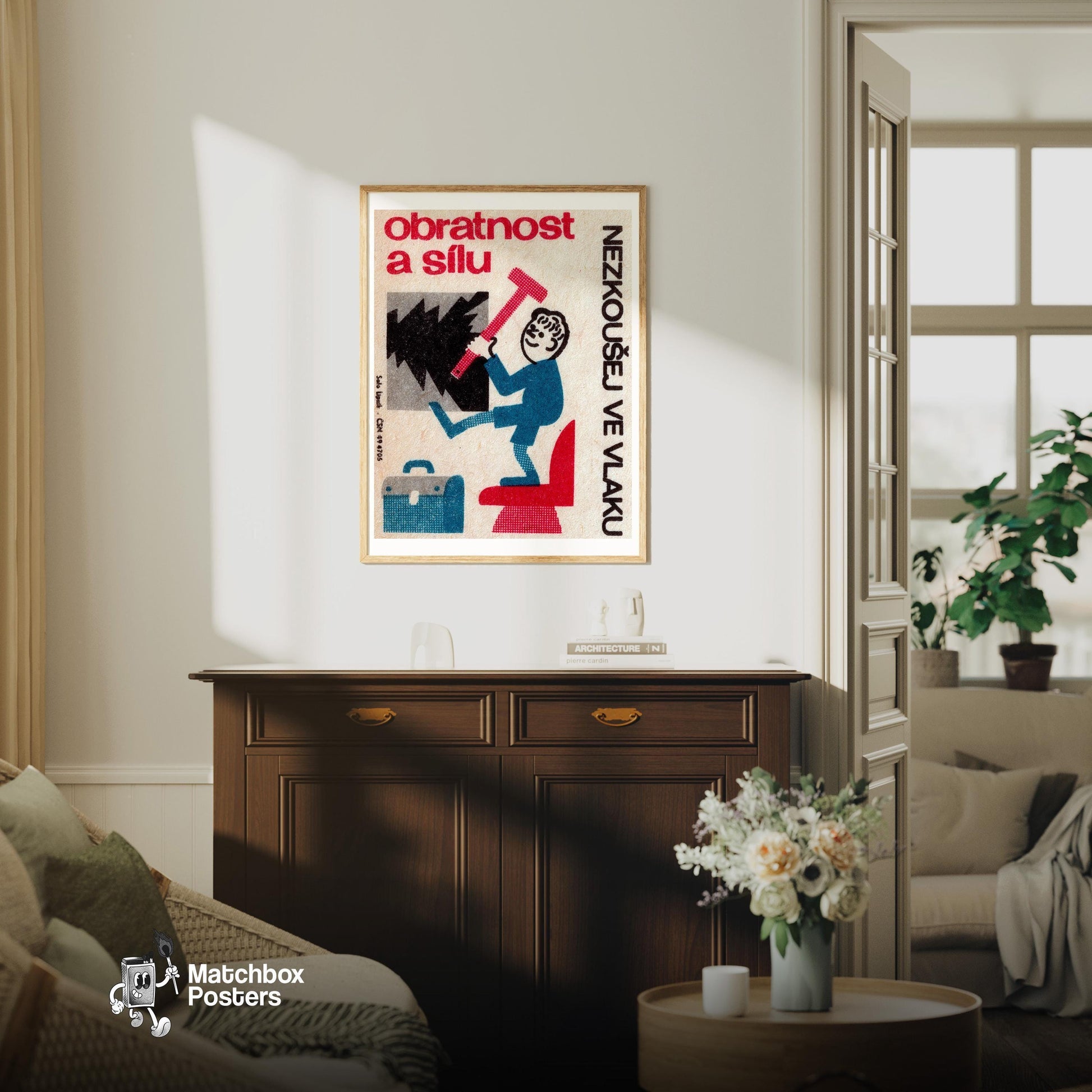 Person with Hammer - vintage matchbox label print - living room mockup