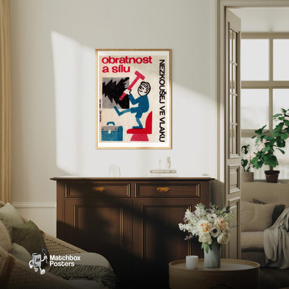 Person with Hammer - vintage matchbox label print - living room mockup