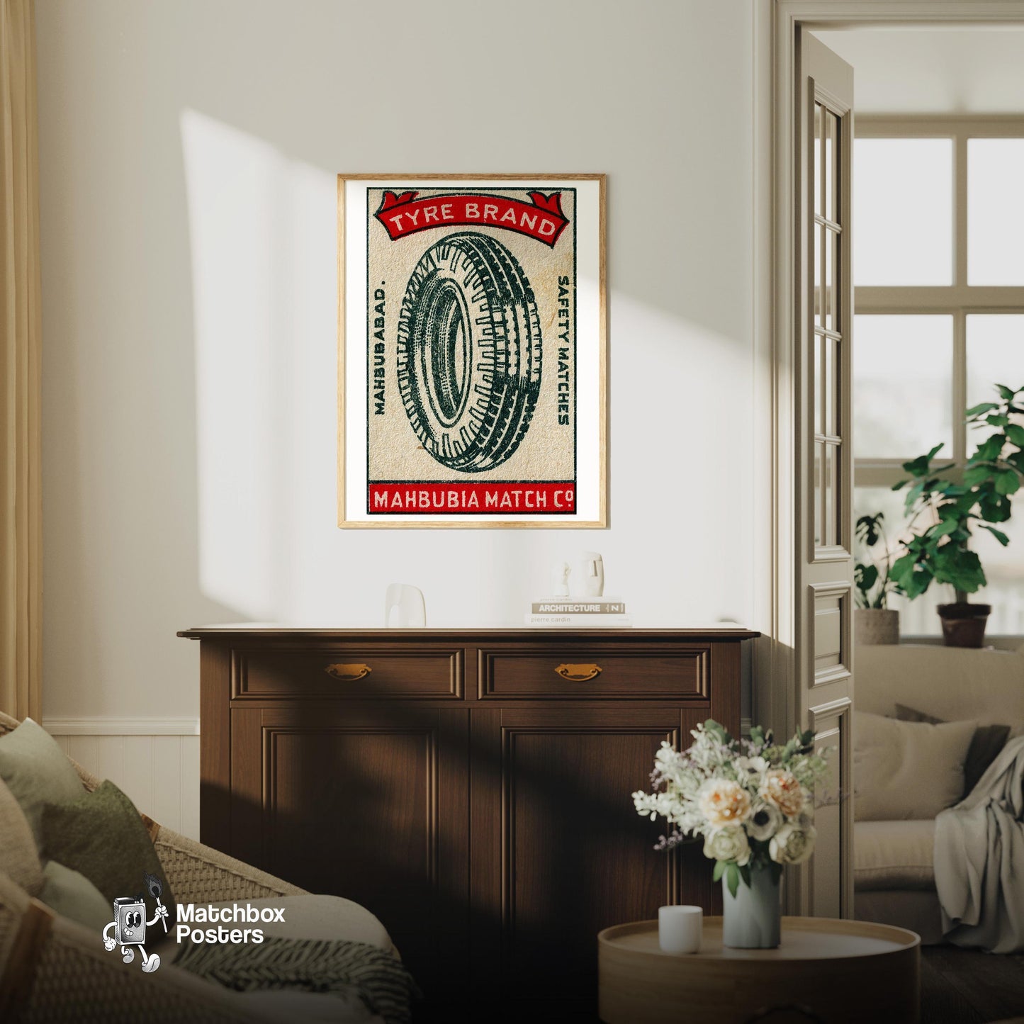 Illustration Of A Tire - vintage matchbox label print - living room mockup