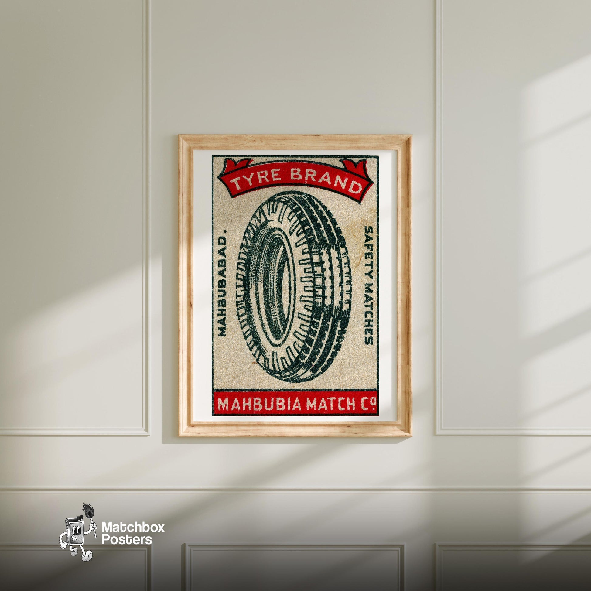 Illustration Of A Tire - vintage matchbox label print - bedroom mockup