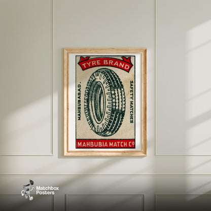 Illustration Of A Tire - vintage matchbox label print - bedroom mockup
