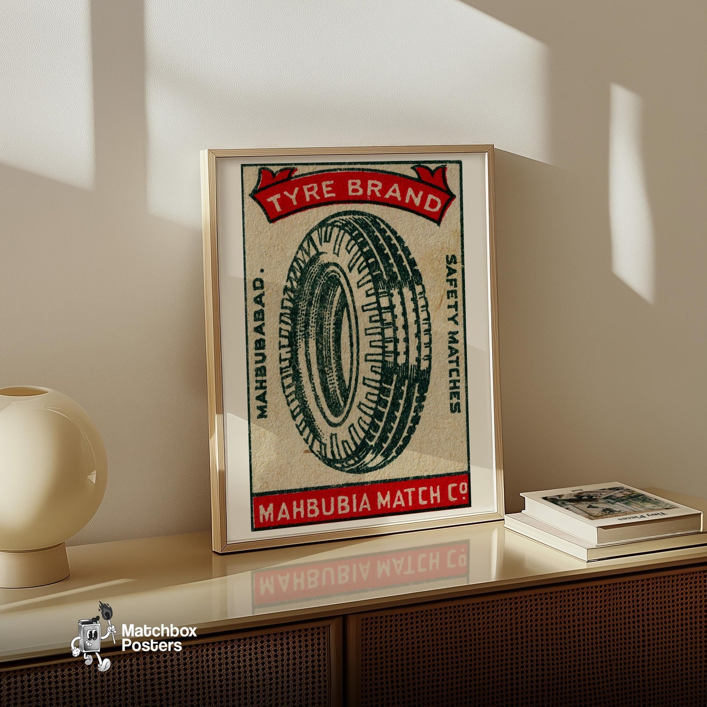 Illustration Of A Tire - vintage matchbox label print - size comparison