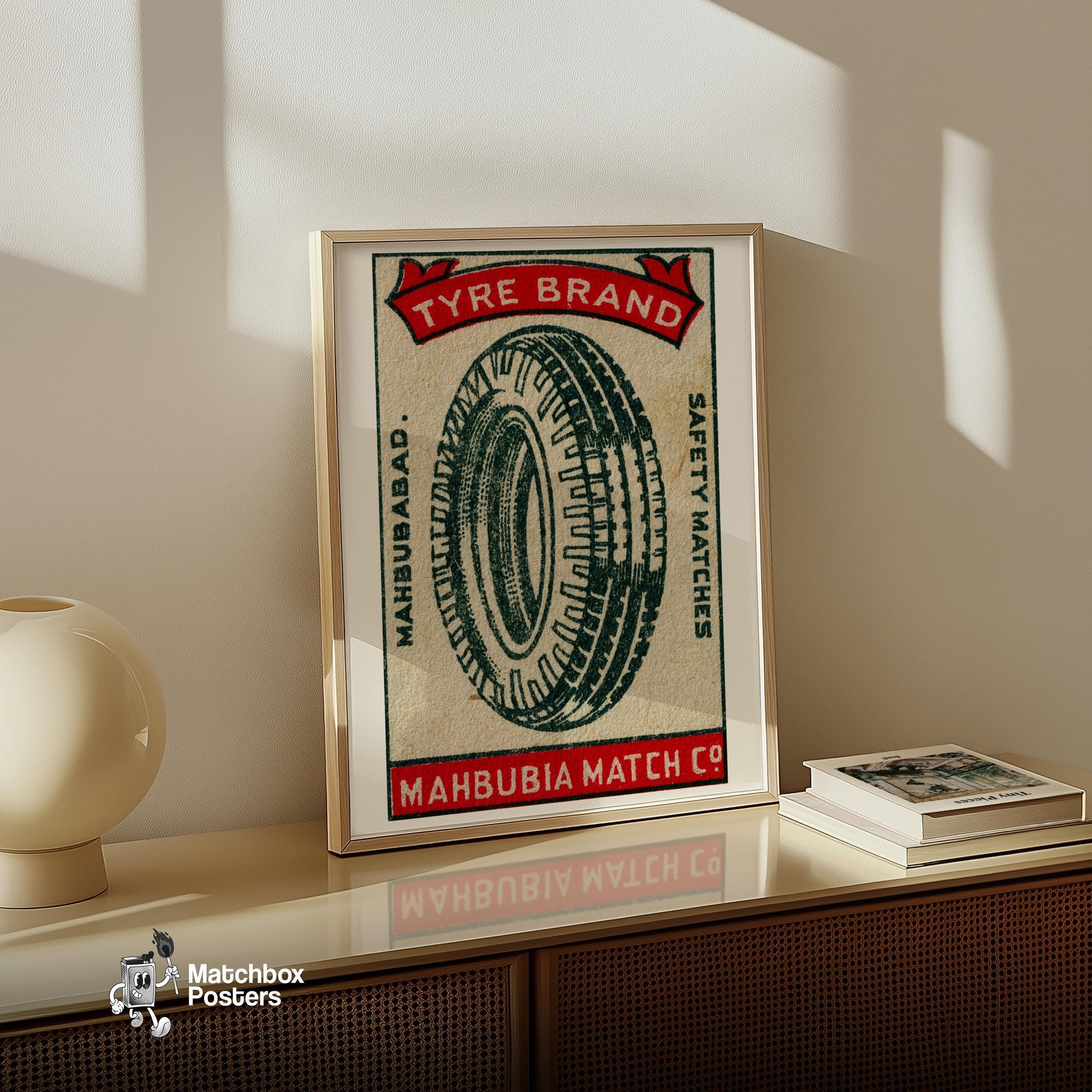 Illustration Of A Tire - vintage matchbox label print - size comparison