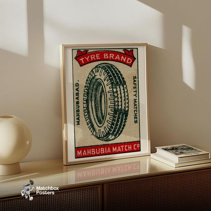 Illustration Of A Tire - vintage matchbox label print - size comparison