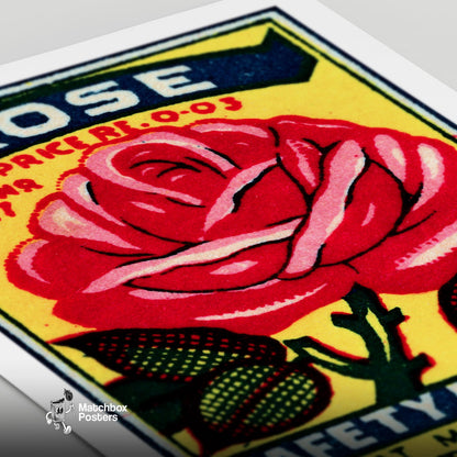Red Rose - vintage matchbox label print - close-up detail