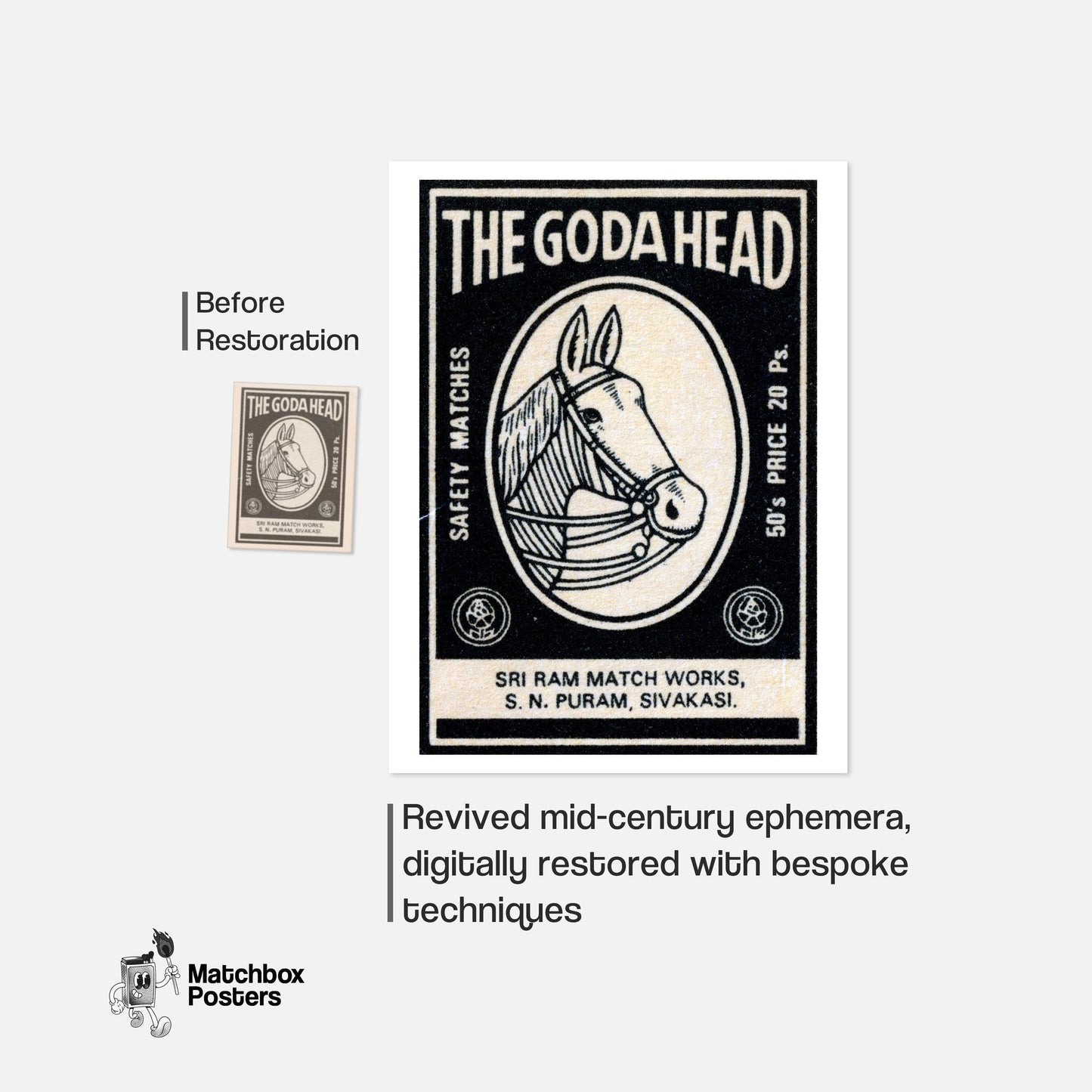 Horse Head - vintage matchbox label print - framed wall art preview