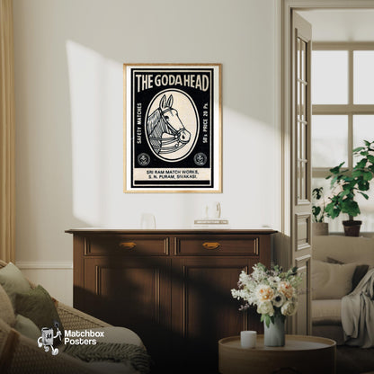 Horse Head - vintage matchbox label print - living room mockup