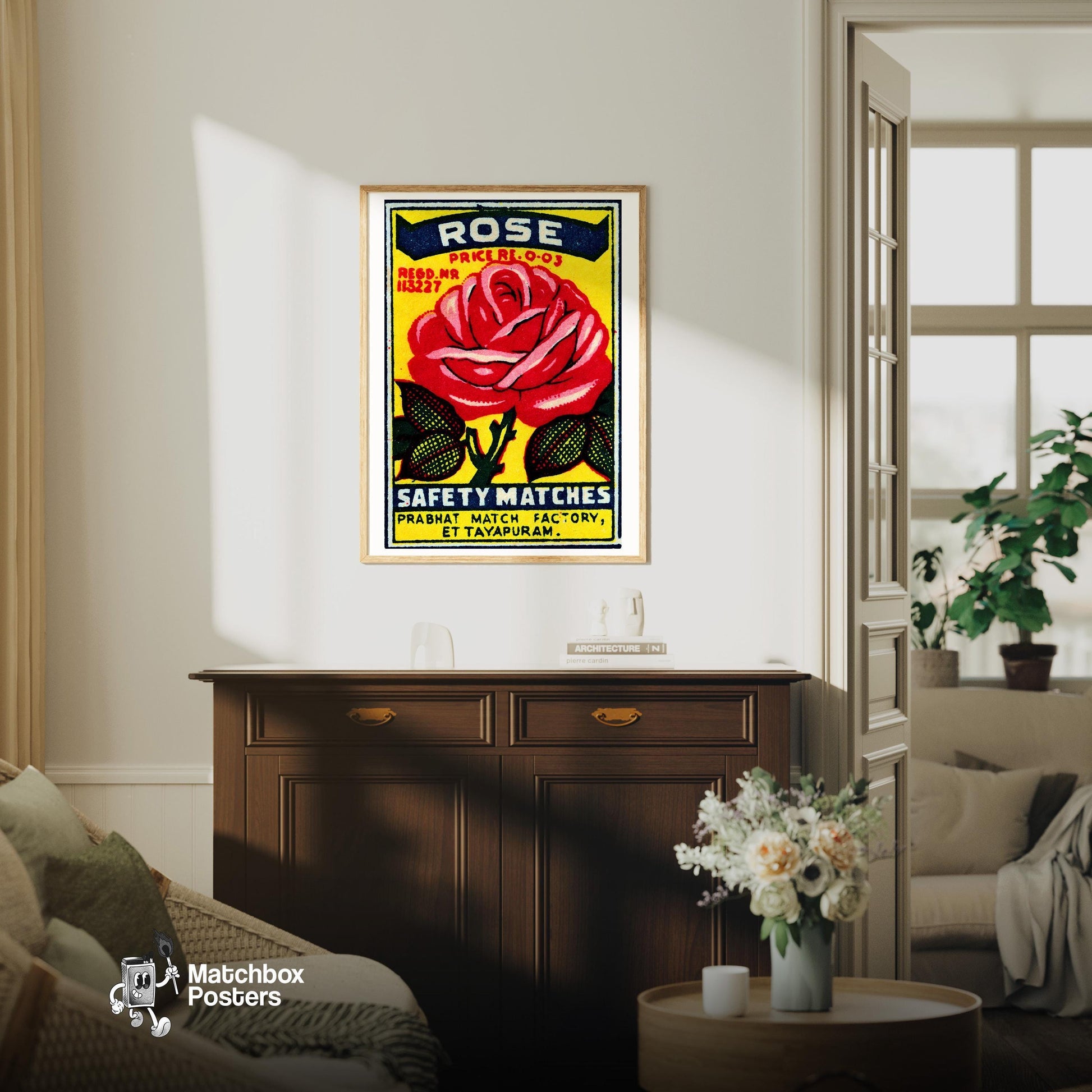 Red Rose - vintage matchbox label print - living room mockup