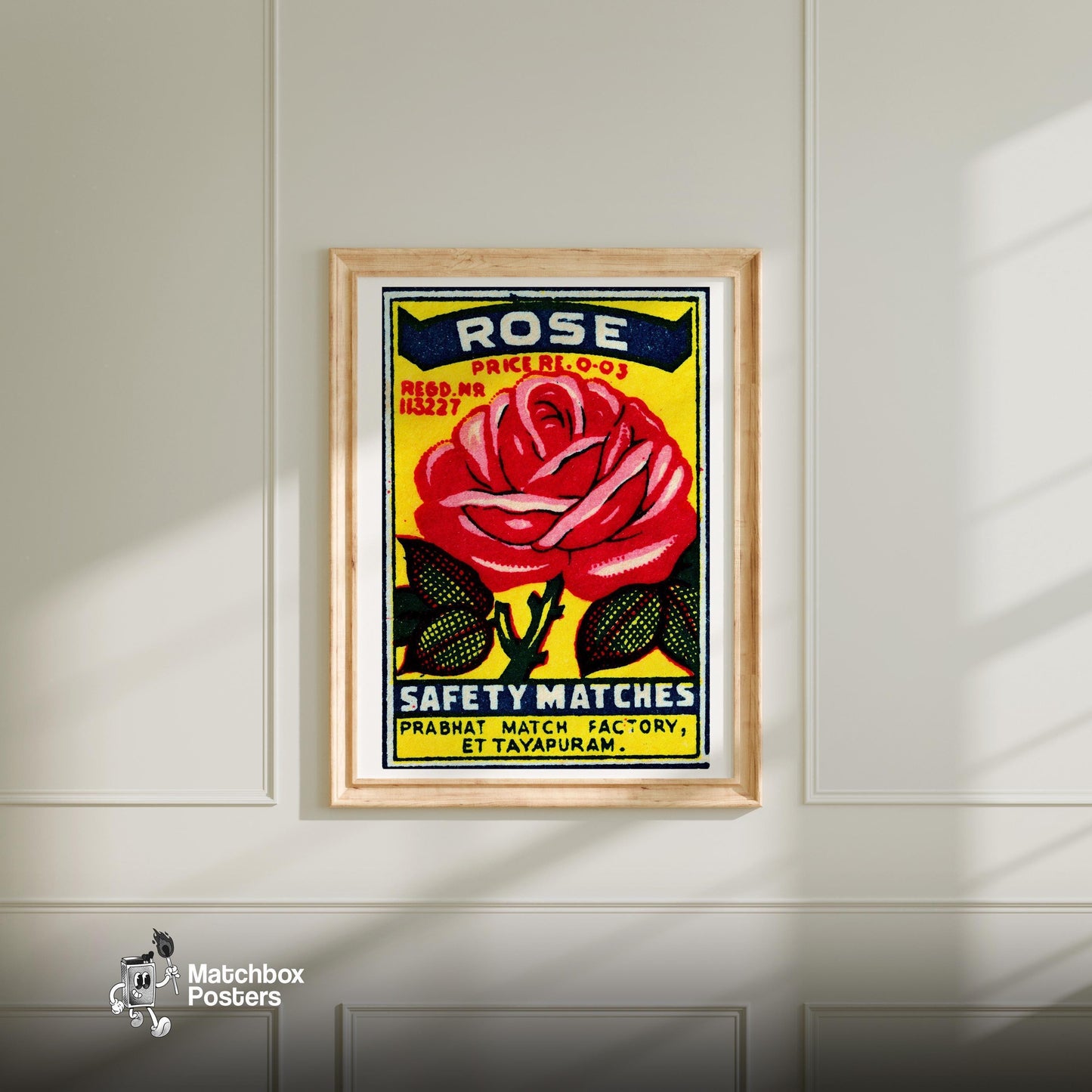 Red Rose - vintage matchbox label print - bedroom mockup
