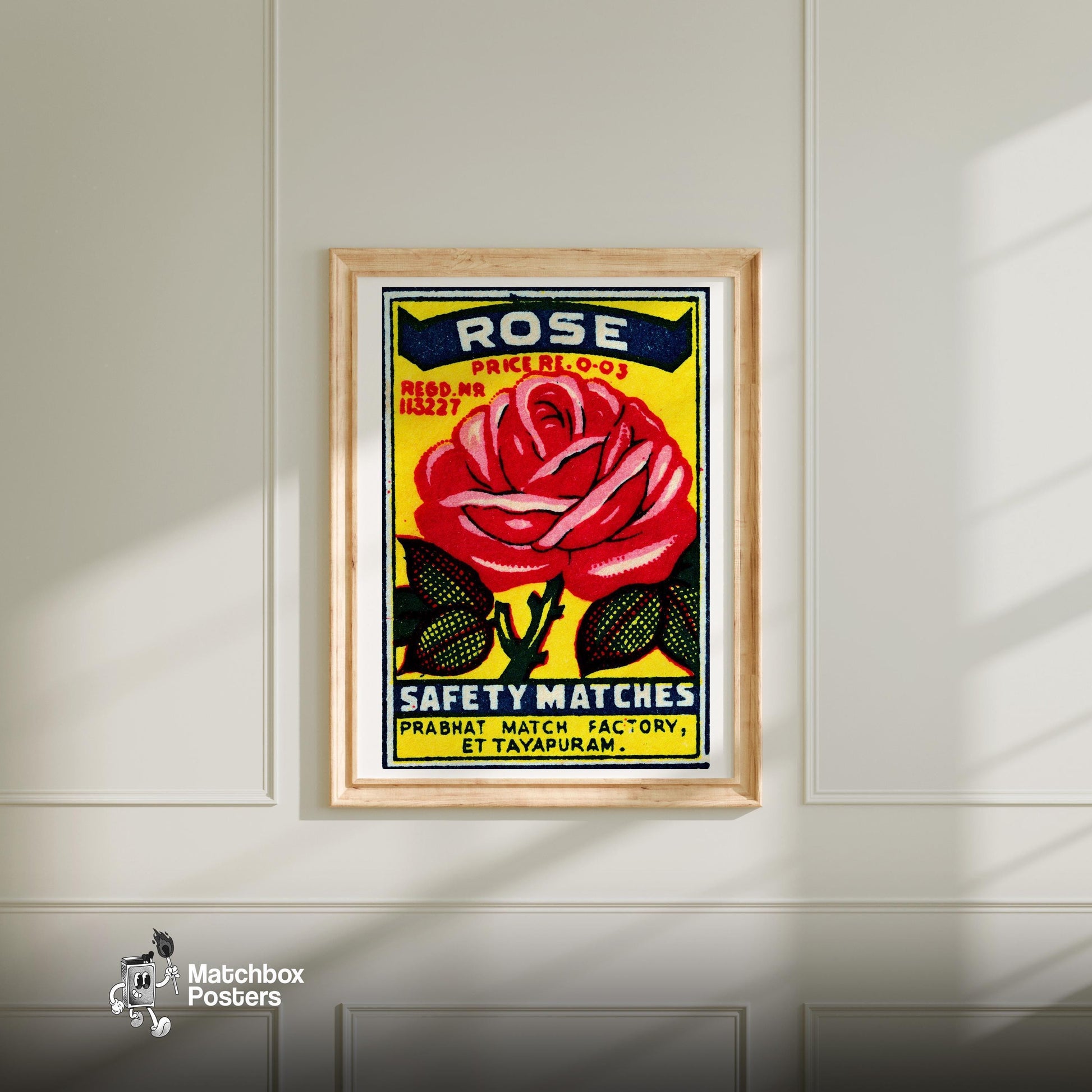 Red Rose - vintage matchbox label print - bedroom mockup
