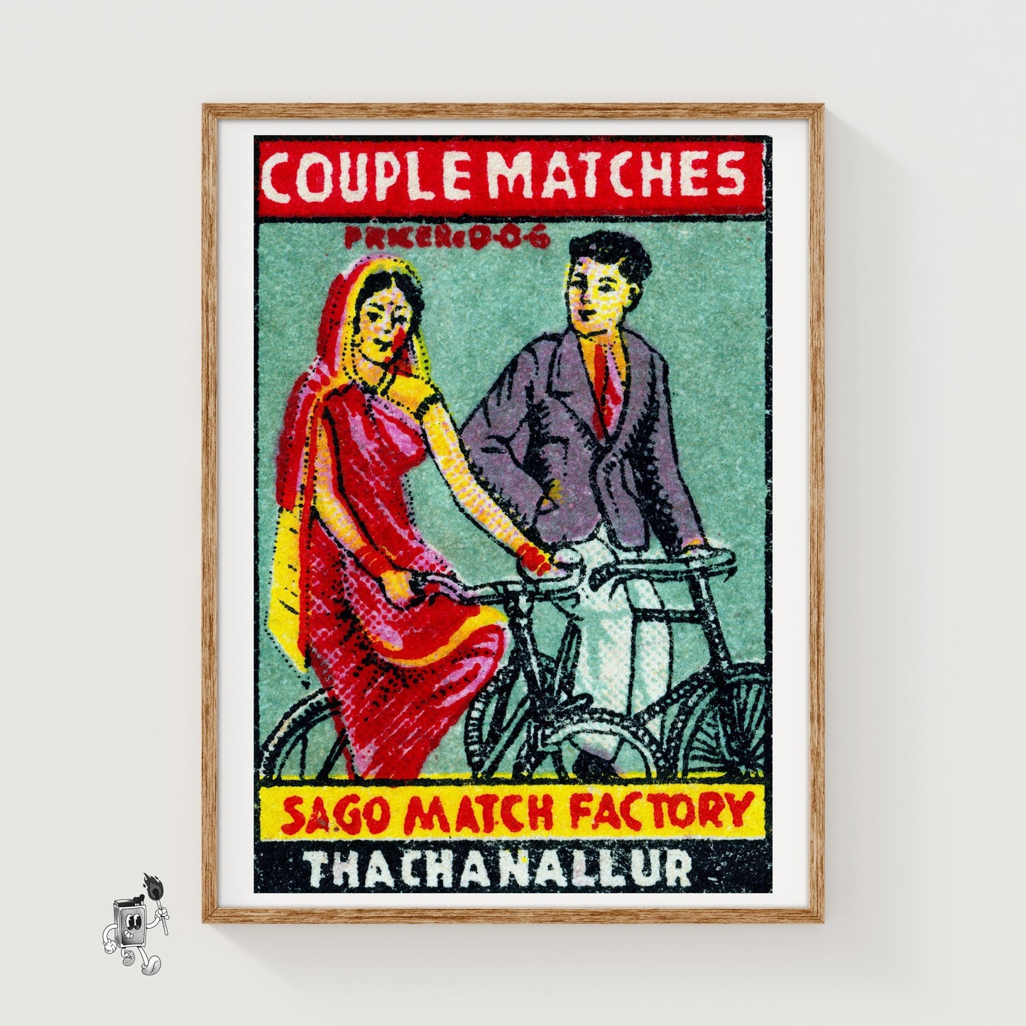 Couple Riding Bicycles - vintage matchbox label print