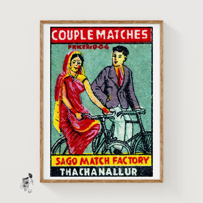 Couple Riding Bicycles - vintage matchbox label print