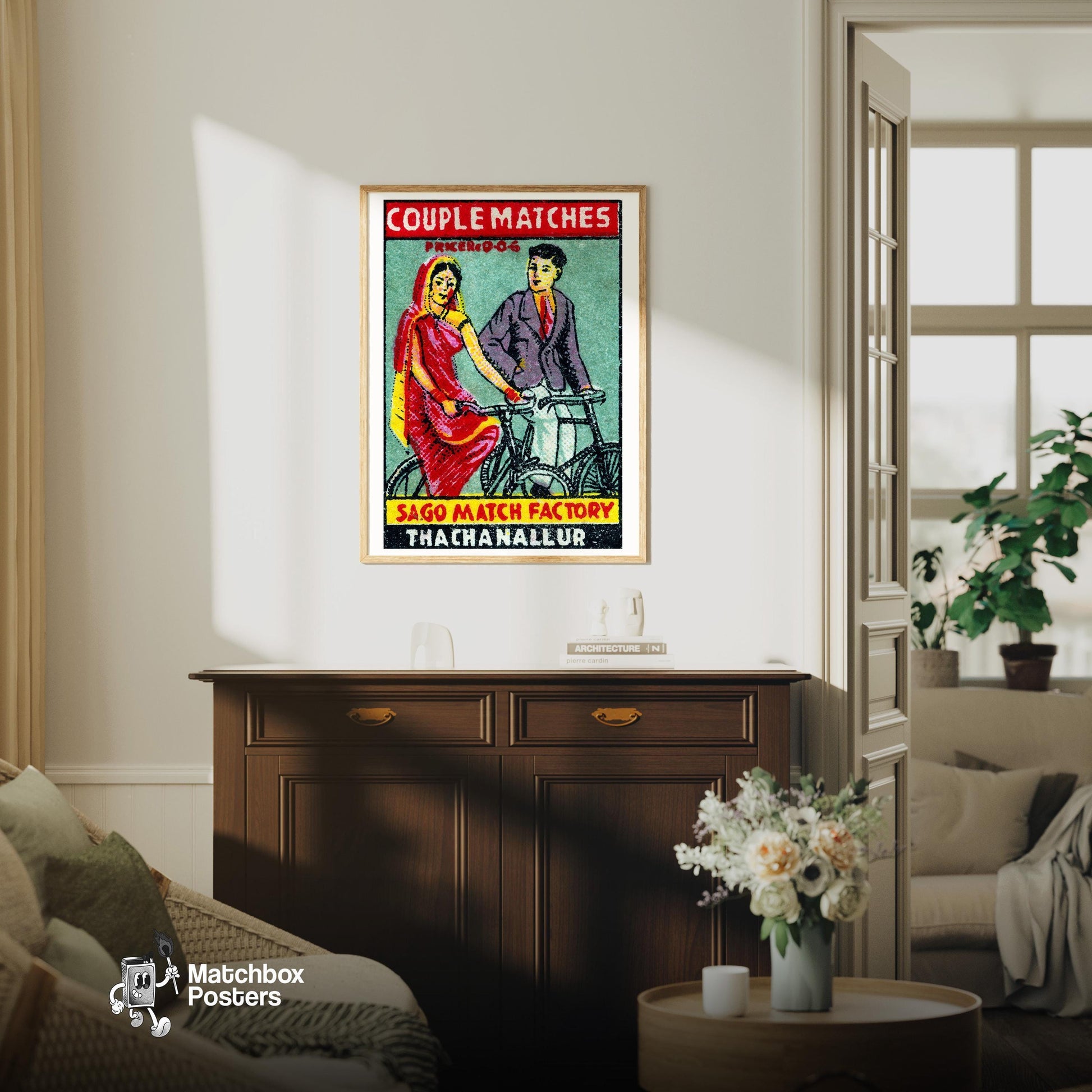 Couple Riding Bicycles - vintage matchbox label print - living room mockup