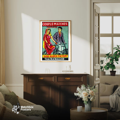 Couple Riding Bicycles - vintage matchbox label print - living room mockup