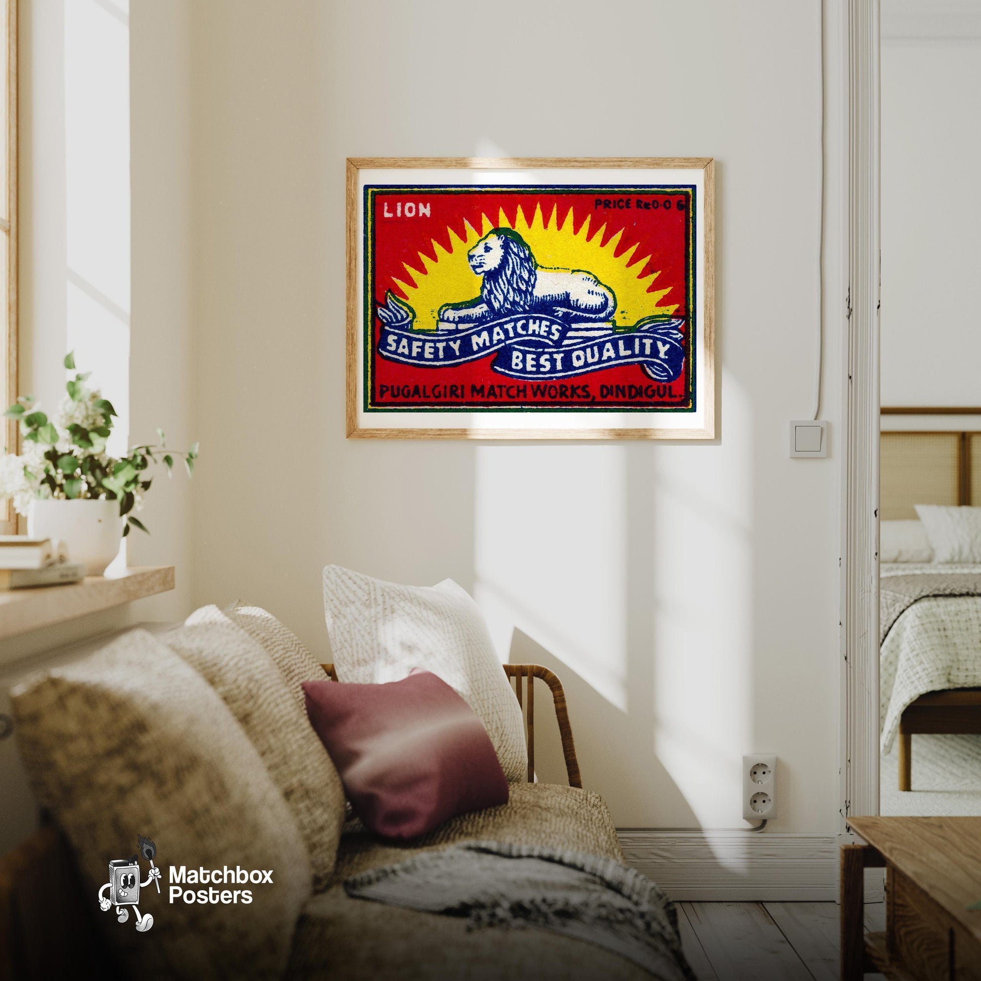 Lion Lying Down - vintage matchbox label print - living room mockup