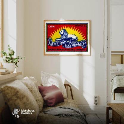 Lion Lying Down - vintage matchbox label print - living room mockup