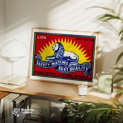 Lion Lying Down - vintage matchbox label print - office wall