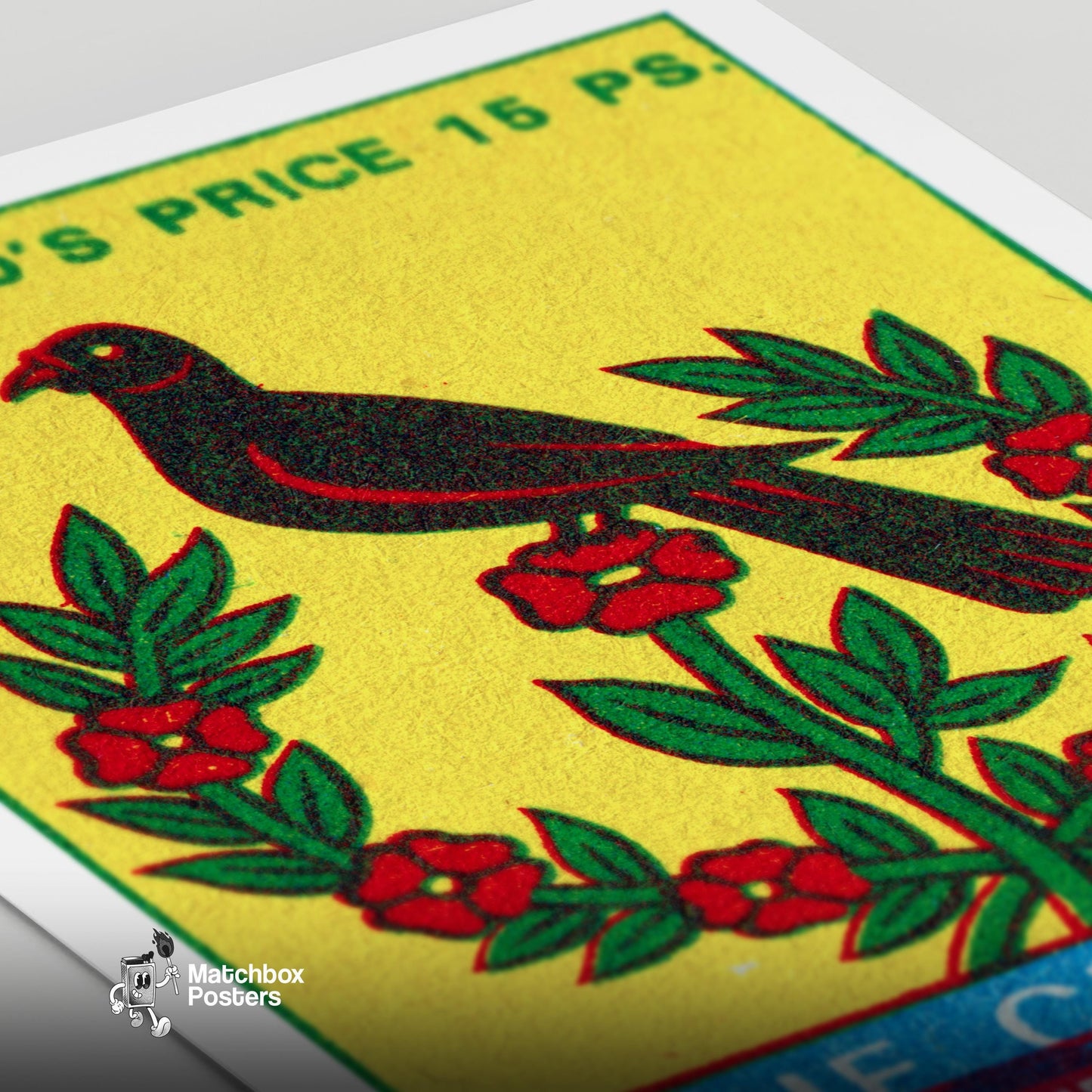 Black Bird with Red Flowers - vintage matchbox label print - close-up detail
