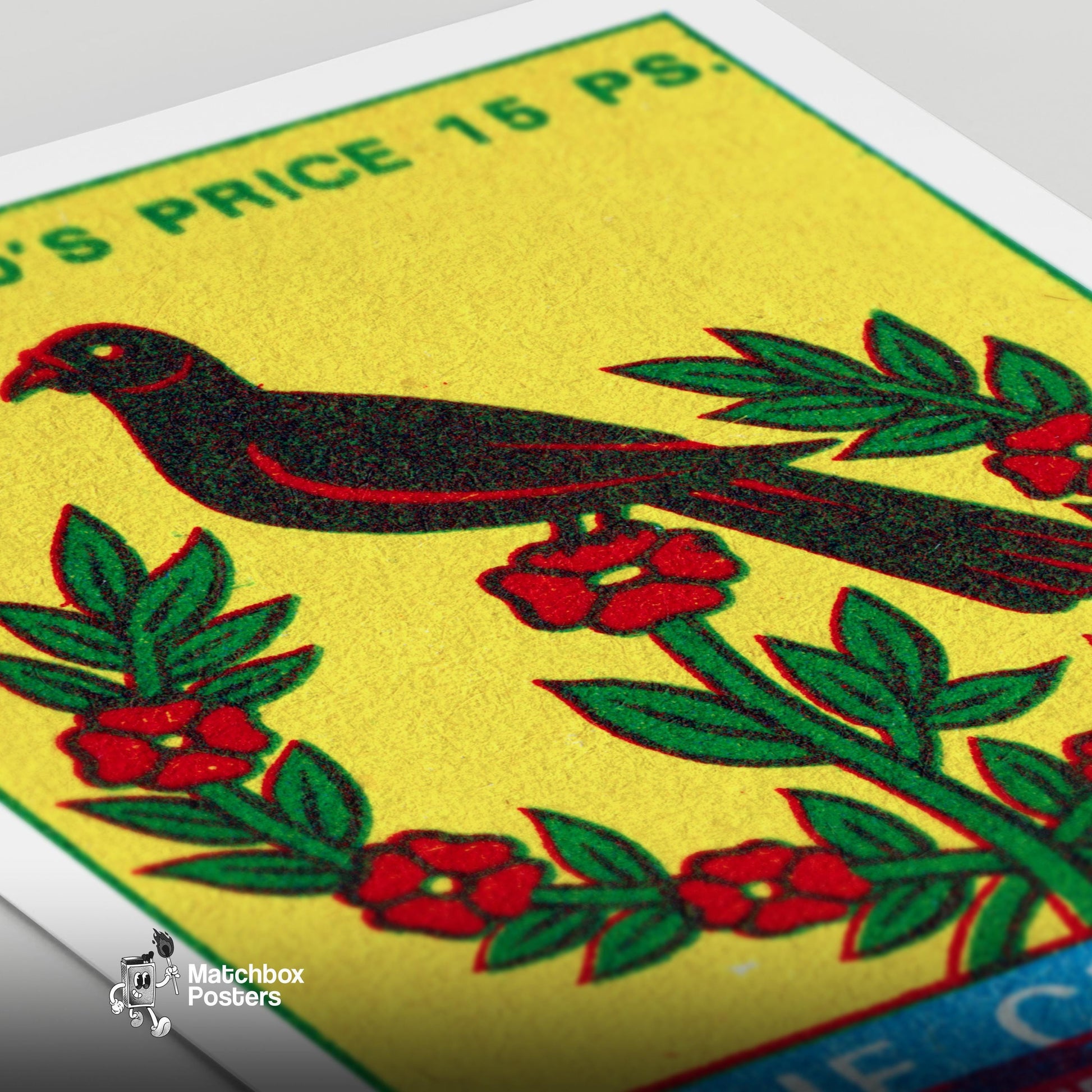 Black Bird with Red Flowers - vintage matchbox label print - close-up detail