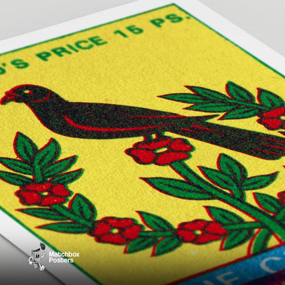 Black Bird with Red Flowers - vintage matchbox label print - close-up detail