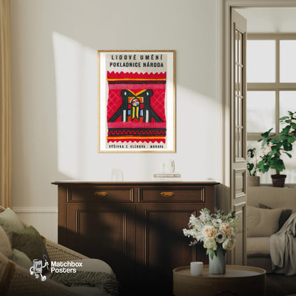 Two Folk Birds - vintage matchbox label print - living room mockup