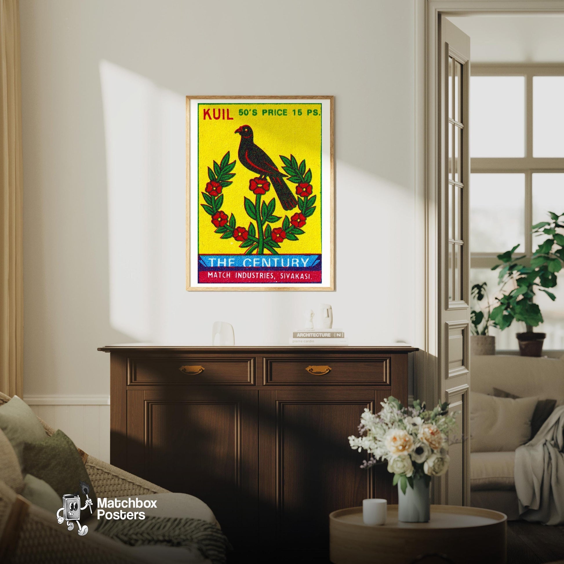 Black Bird with Red Flowers - vintage matchbox label print - living room mockup