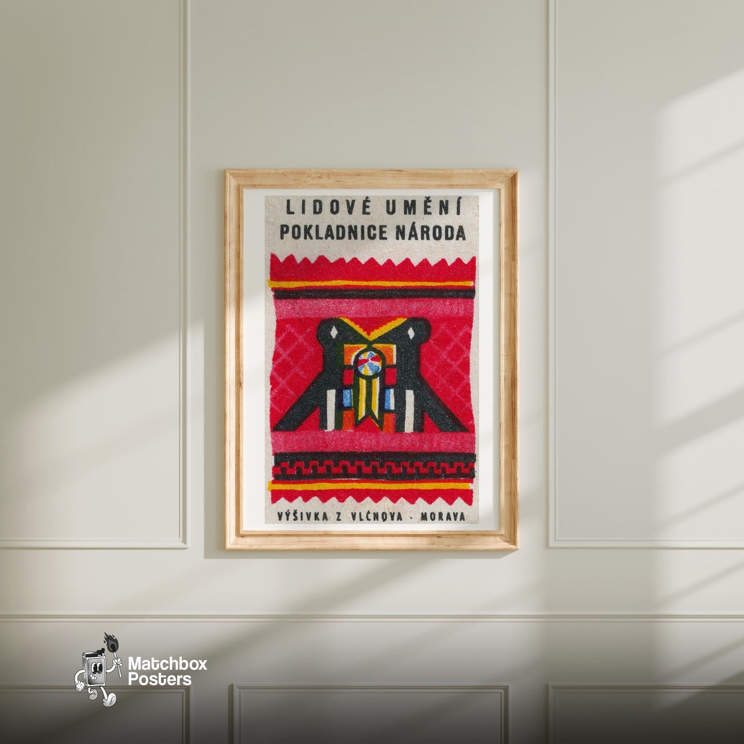 Two Folk Birds - vintage matchbox label print - bedroom mockup