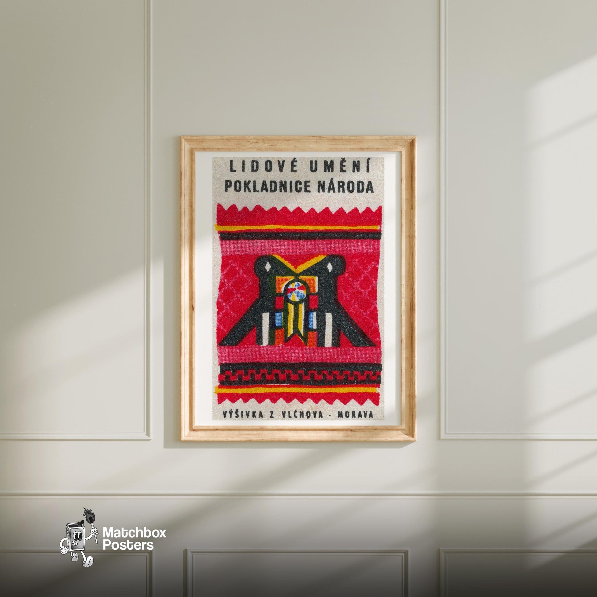 Two Folk Birds - vintage matchbox label print - bedroom mockup