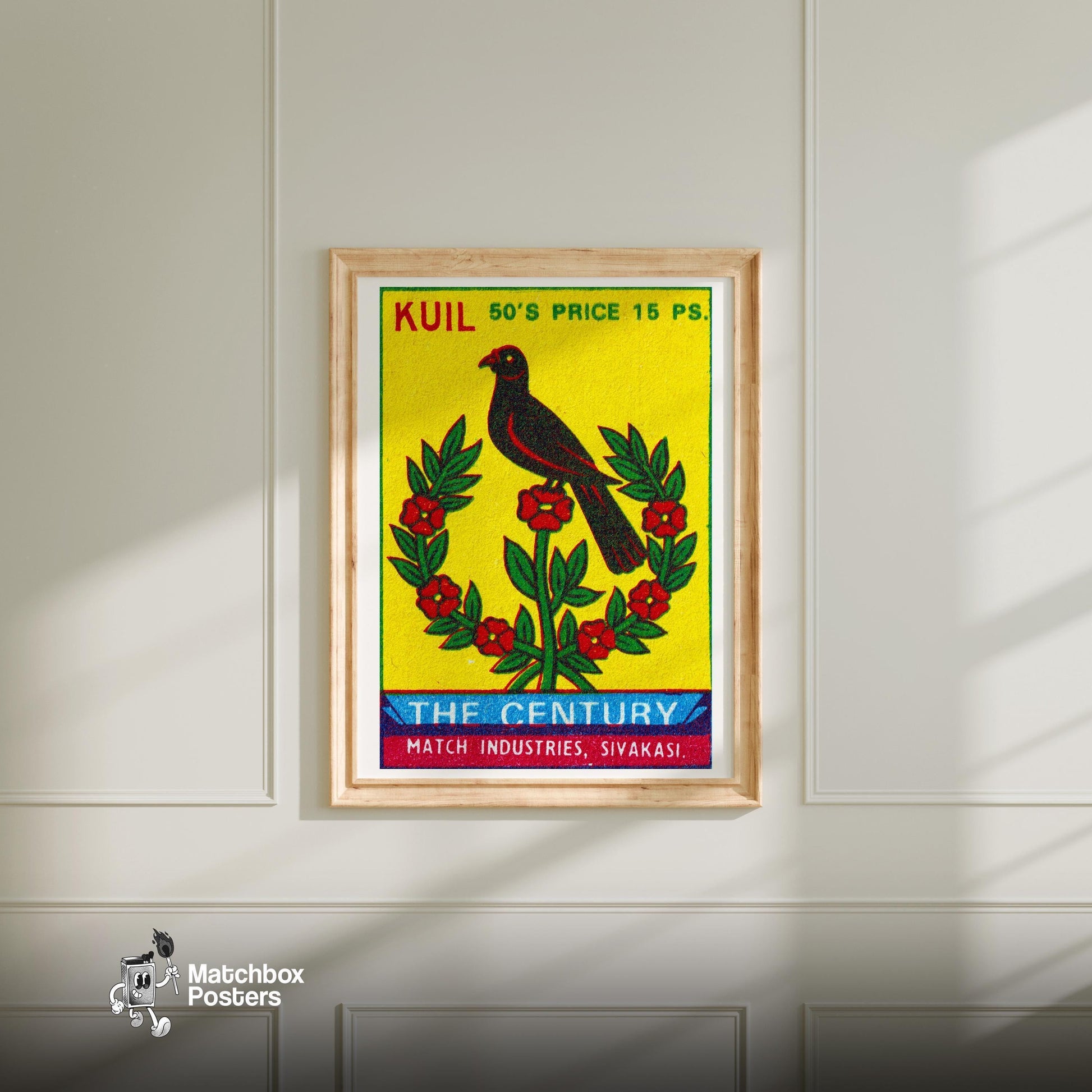 Black Bird with Red Flowers - vintage matchbox label print - bedroom mockup