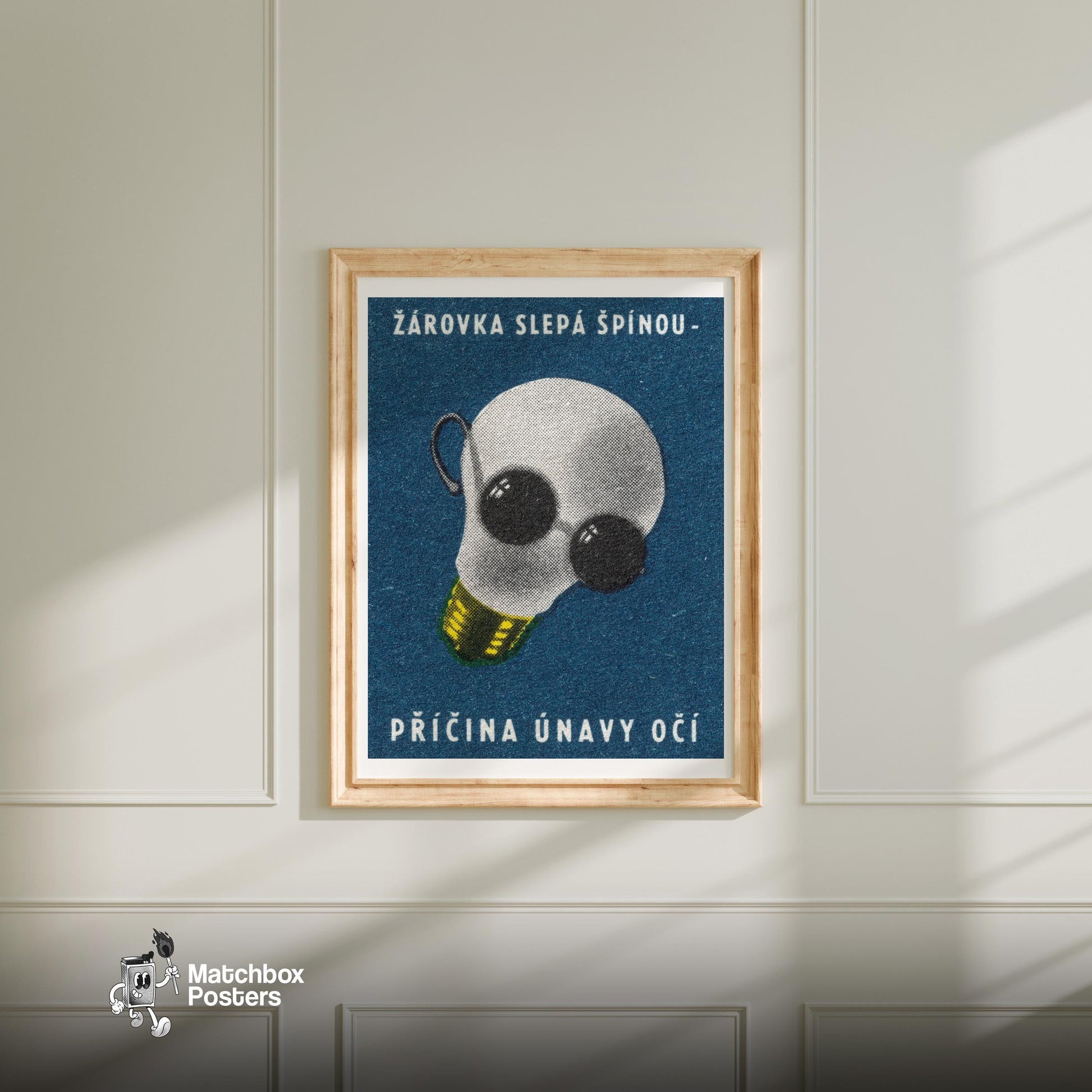 Light Bulb with Sunglasses - vintage matchbox label print - bedroom mockup