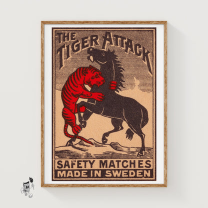 Tiger Attack - vintage matchbox label print