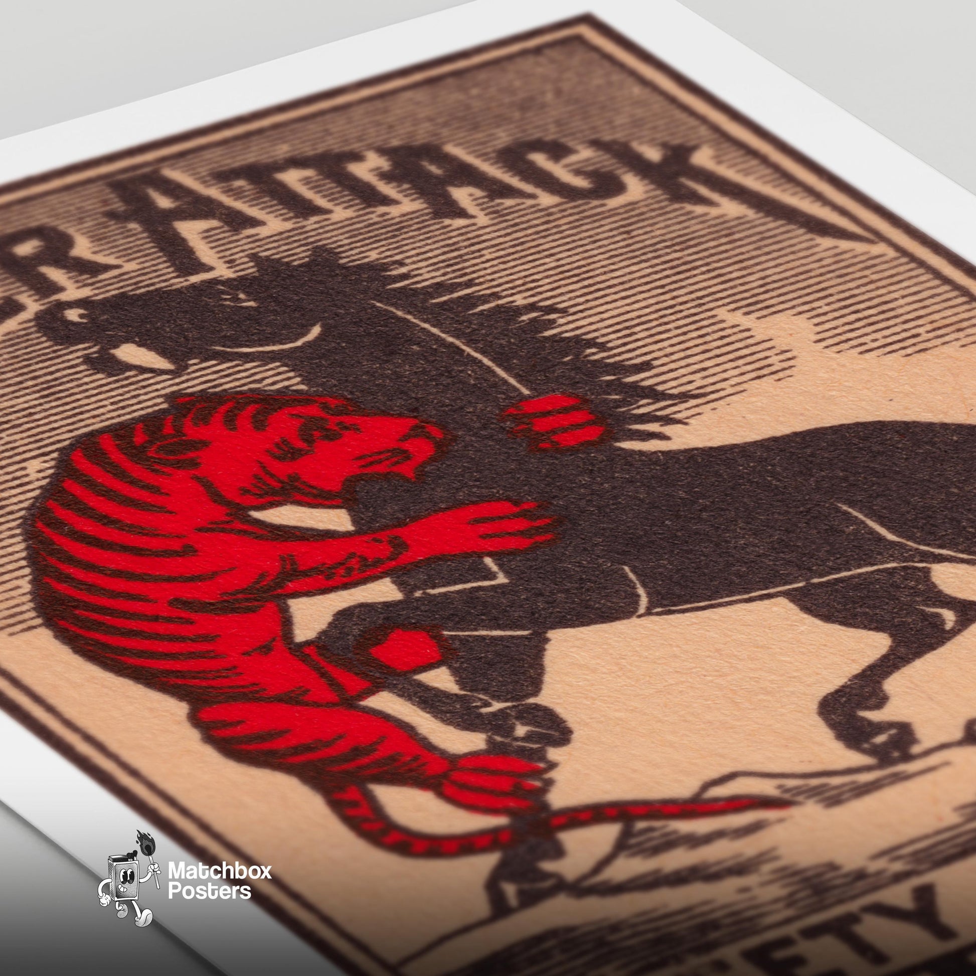 Tiger Attack - vintage matchbox label print - close-up detail