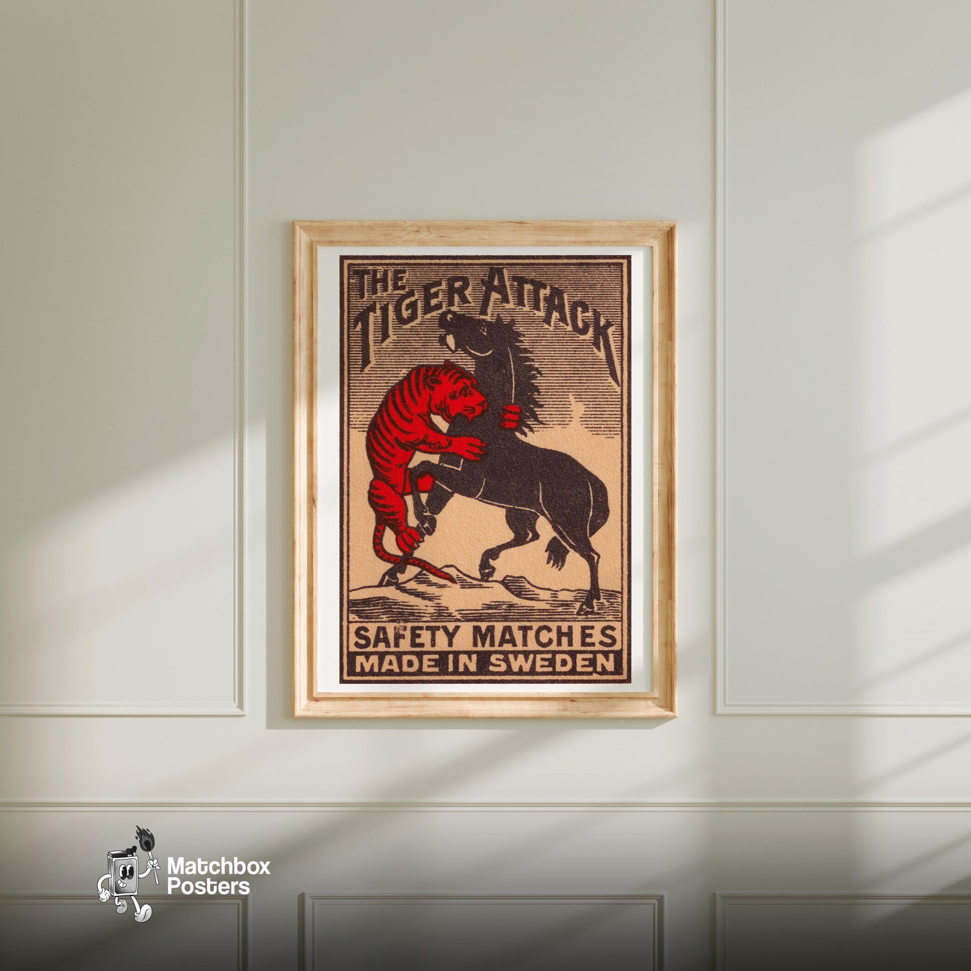 Tiger Attack - vintage matchbox label print - bedroom mockup