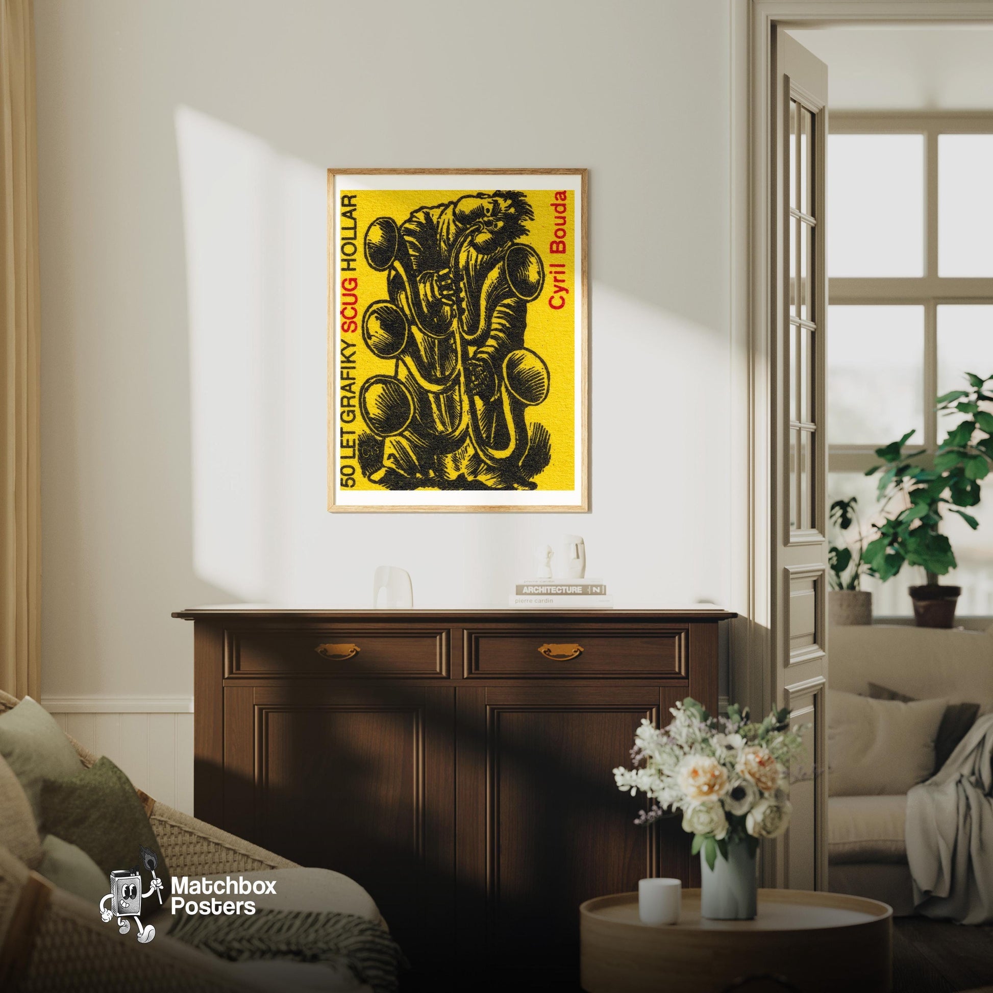Tuba Player - vintage matchbox label print - living room mockup