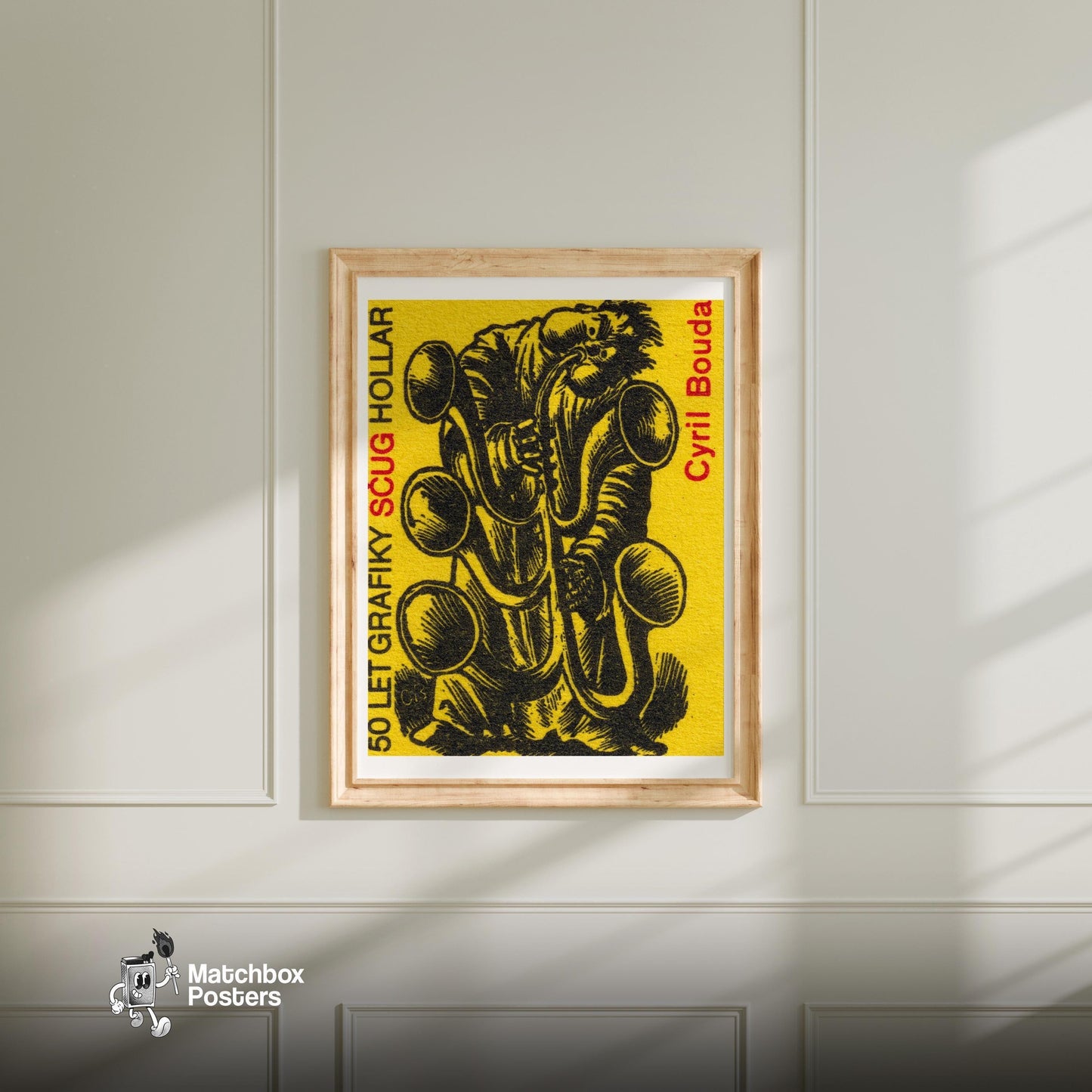 Tuba Player - vintage matchbox label print - bedroom mockup