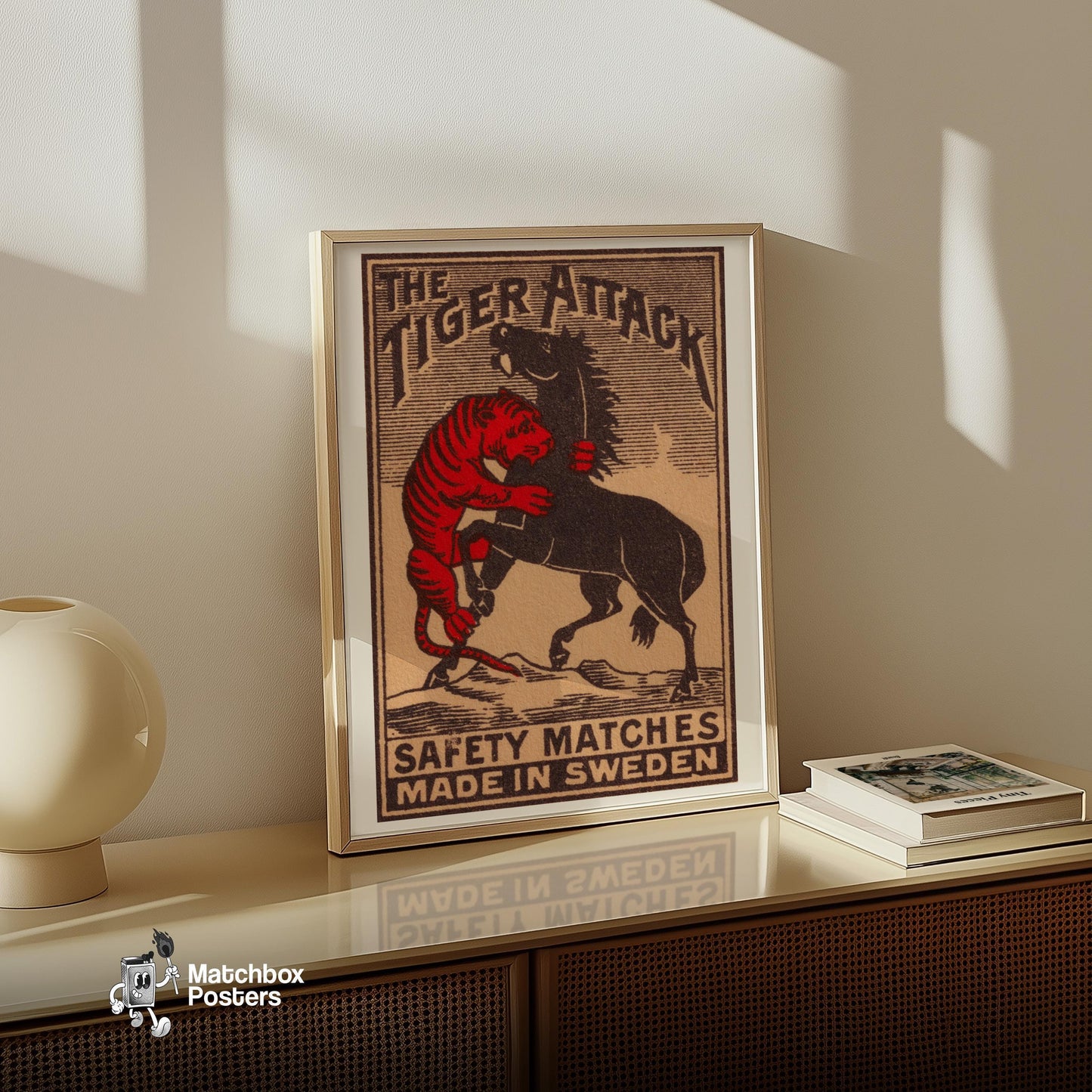 Tiger Attack - vintage matchbox label print - size comparison