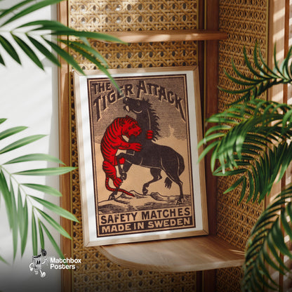 Tiger Attack - vintage matchbox label print - office wall