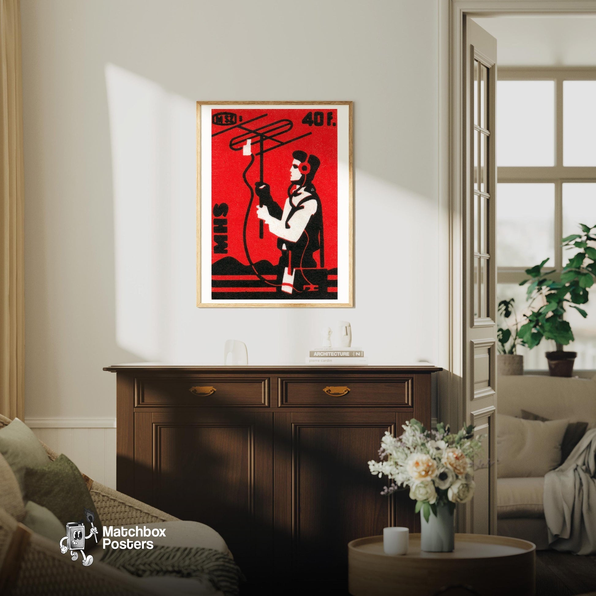 Radioman - vintage matchbox label print - living room mockup