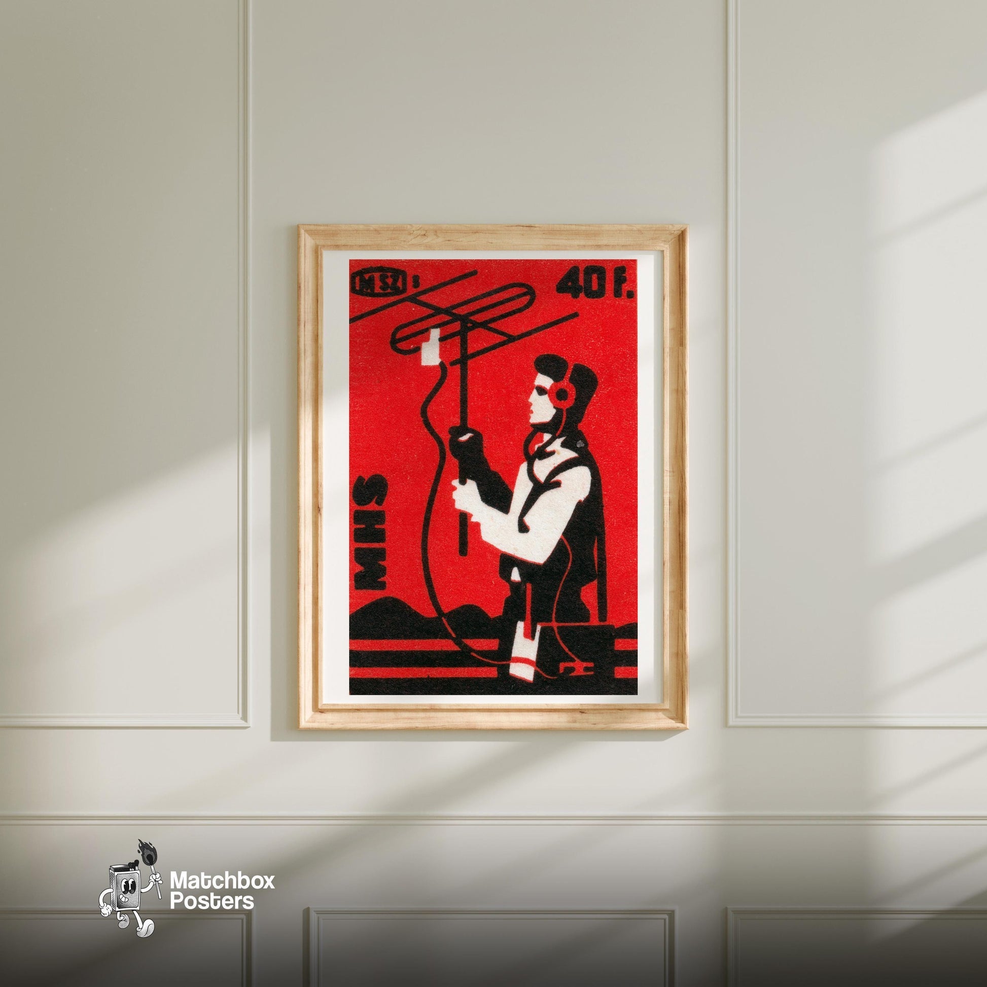Radioman - vintage matchbox label print - bedroom mockup