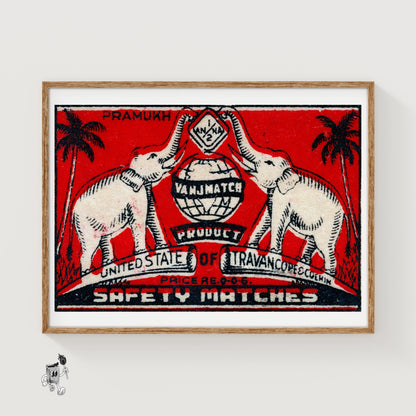 Travancore Elephants - vintage matchbox label print