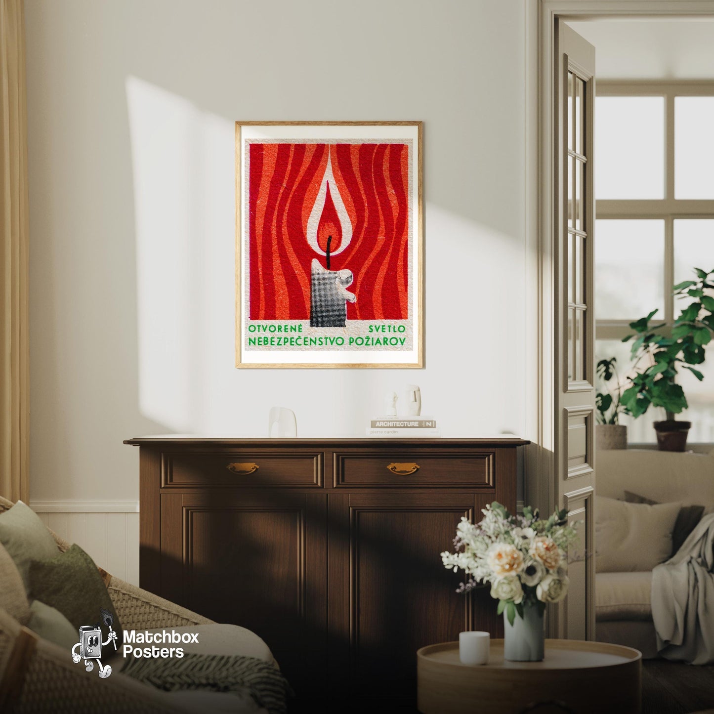 Flame - vintage matchbox label print - living room mockup